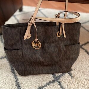 Michael Kors Jet Set Tote Shoulder Bag Brown MK Signature Logo Side Pockets